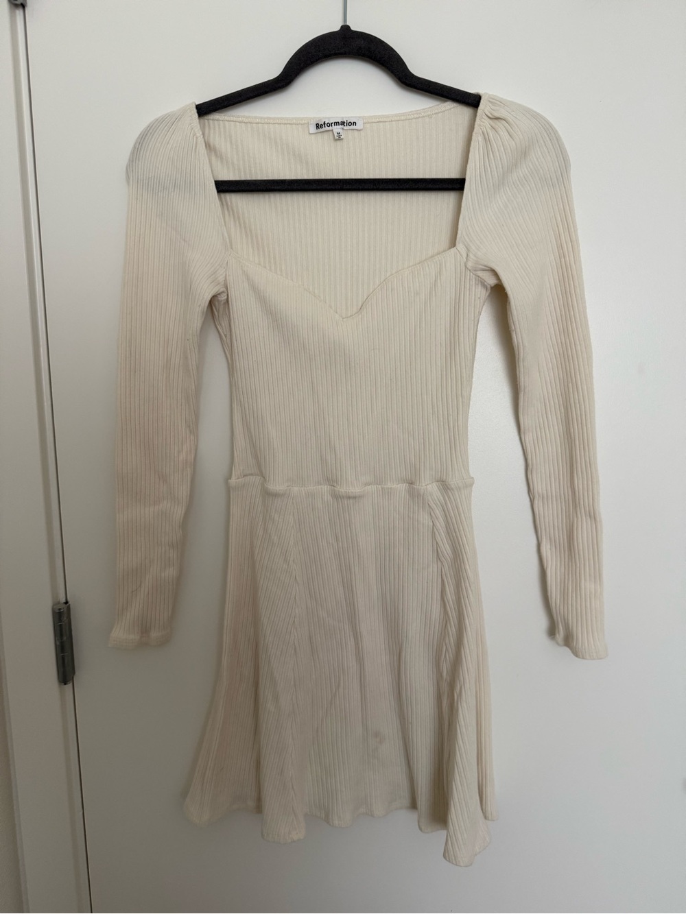 Reformation Cream Ribbed Long Sleeve Sweetheart Mini Dress